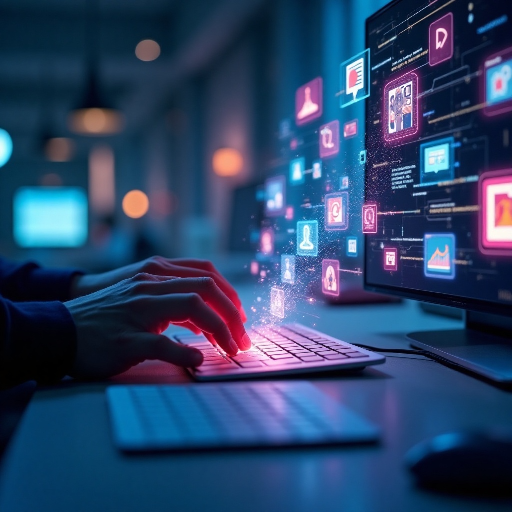 איש מקליד ומתוך המקלדת מתעופפות לאוויר תוכנות שונות