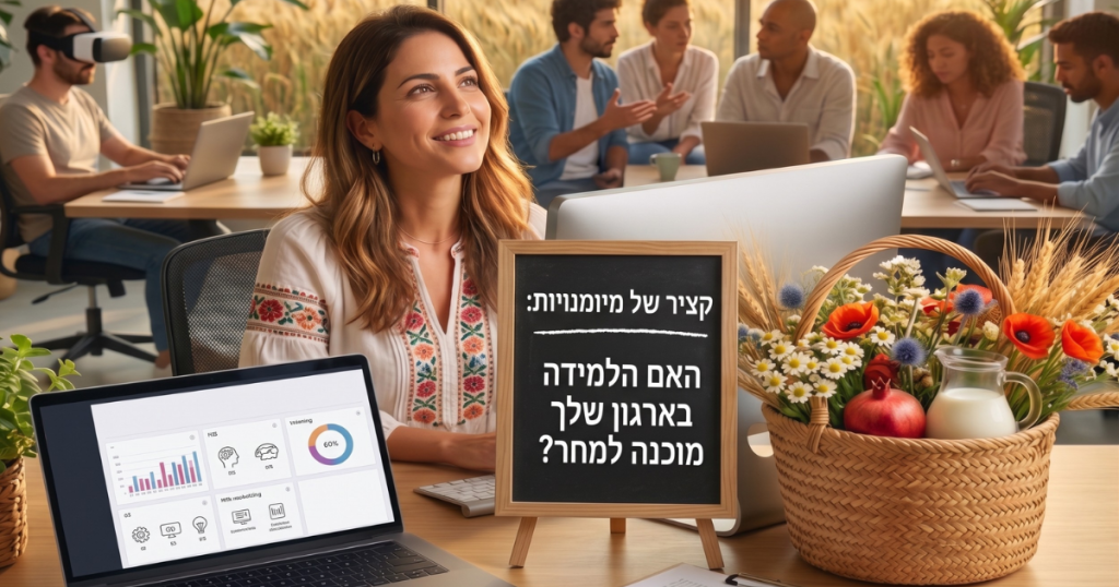מנהלת משאבי אנוש מחייכת במשרד מודרני. על שולחנה מחשב המציג נתוני למידה, סלסלת ביכורים חגיגית לשבועות ושלט עם הכיתוב 'קציר של מיומנויות: האם הלמידה בארגון שלך מוכנה למחר?'. ברקע צוות עובדים בלמידה מתקדמת, וחלון המשקיף לשדה חיטה זהוב
