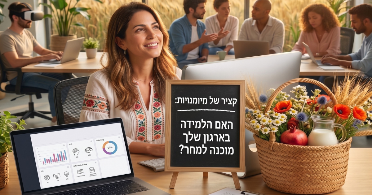 מנהלת משאבי אנוש מחייכת במשרד מודרני. על שולחנה מחשב המציג נתוני למידה, סלסלת ביכורים חגיגית לשבועות ושלט עם הכיתוב 'קציר של מיומנויות: האם הלמידה בארגון שלך מוכנה למחר?'. ברקע צוות עובדים בלמידה מתקדמת, וחלון המשקיף לשדה חיטה זהוב